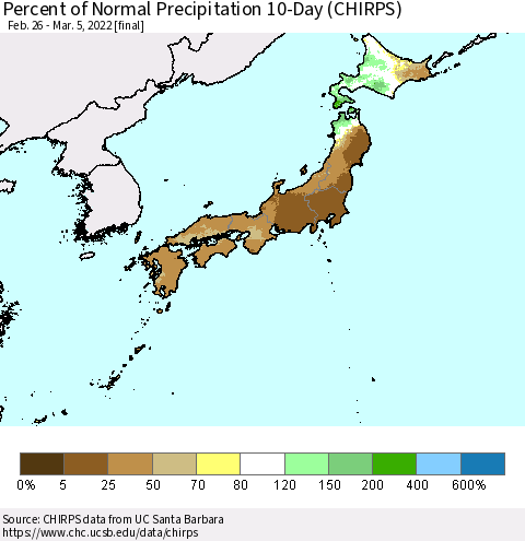 Japan Percent of Normal Precipitation 10-Day (CHIRPS) Thematic Map For 2/26/2022 - 3/5/2022