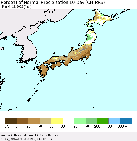 Japan Percent of Normal Precipitation 10-Day (CHIRPS) Thematic Map For 3/6/2022 - 3/15/2022