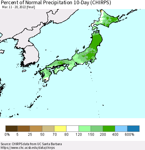 Japan Percent of Normal Precipitation 10-Day (CHIRPS) Thematic Map For 3/11/2022 - 3/20/2022