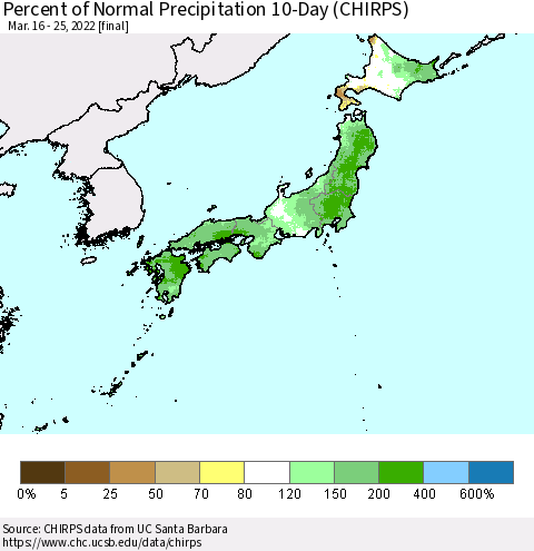 Japan Percent of Normal Precipitation 10-Day (CHIRPS) Thematic Map For 3/16/2022 - 3/25/2022