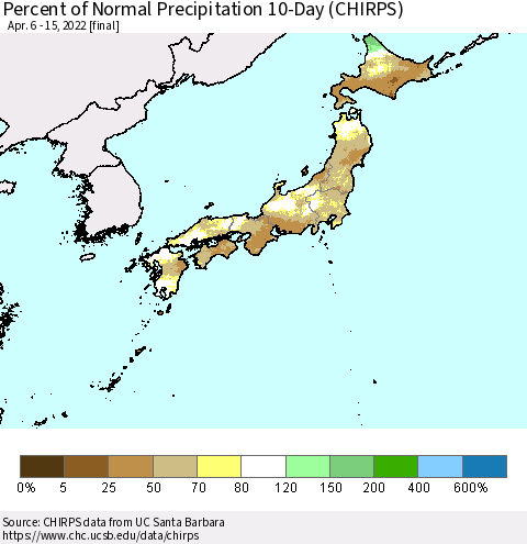 Japan Percent of Normal Precipitation 10-Day (CHIRPS) Thematic Map For 4/6/2022 - 4/15/2022