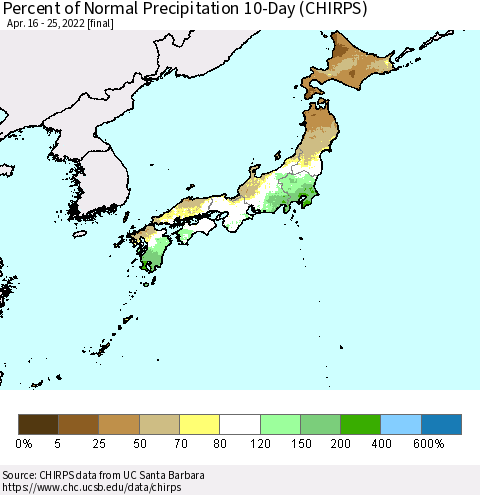Japan Percent of Normal Precipitation 10-Day (CHIRPS) Thematic Map For 4/16/2022 - 4/25/2022