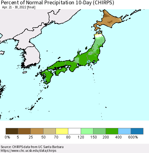 Japan Percent of Normal Precipitation 10-Day (CHIRPS) Thematic Map For 4/21/2022 - 4/30/2022