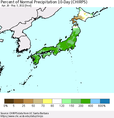 Japan Percent of Normal Precipitation 10-Day (CHIRPS) Thematic Map For 4/26/2022 - 5/5/2022