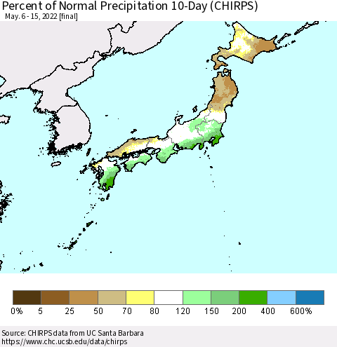 Japan Percent of Normal Precipitation 10-Day (CHIRPS) Thematic Map For 5/6/2022 - 5/15/2022