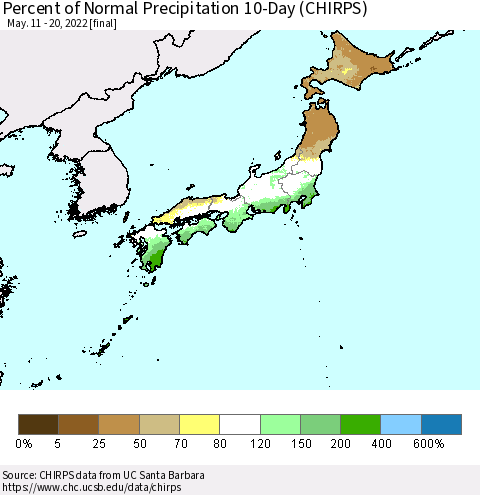 Japan Percent of Normal Precipitation 10-Day (CHIRPS) Thematic Map For 5/11/2022 - 5/20/2022