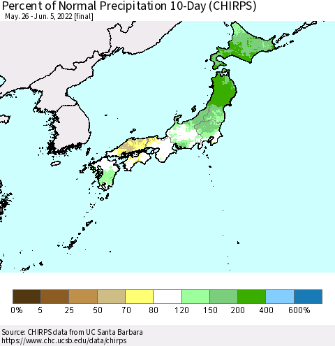 Japan Percent of Normal Precipitation 10-Day (CHIRPS) Thematic Map For 5/26/2022 - 6/5/2022