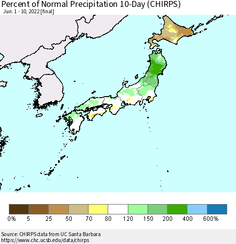 Japan Percent of Normal Precipitation 10-Day (CHIRPS) Thematic Map For 6/1/2022 - 6/10/2022
