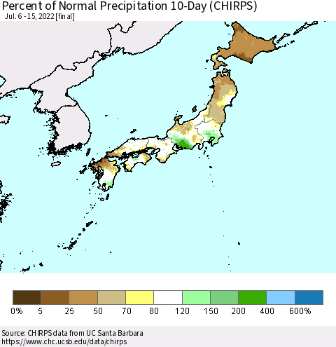 Japan Percent of Normal Precipitation 10-Day (CHIRPS) Thematic Map For 7/6/2022 - 7/15/2022