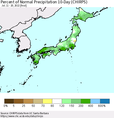 Japan Percent of Normal Precipitation 10-Day (CHIRPS) Thematic Map For 7/11/2022 - 7/20/2022