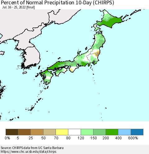 Japan Percent of Normal Precipitation 10-Day (CHIRPS) Thematic Map For 7/16/2022 - 7/25/2022