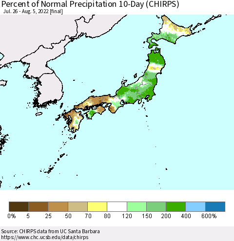 Japan Percent of Normal Precipitation 10-Day (CHIRPS) Thematic Map For 7/26/2022 - 8/5/2022