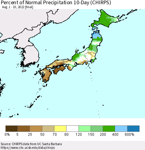 Japan Percent of Normal Precipitation 10-Day (CHIRPS) Thematic Map For 8/1/2022 - 8/10/2022