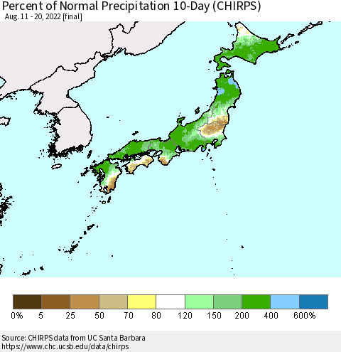 Japan Percent of Normal Precipitation 10-Day (CHIRPS) Thematic Map For 8/11/2022 - 8/20/2022