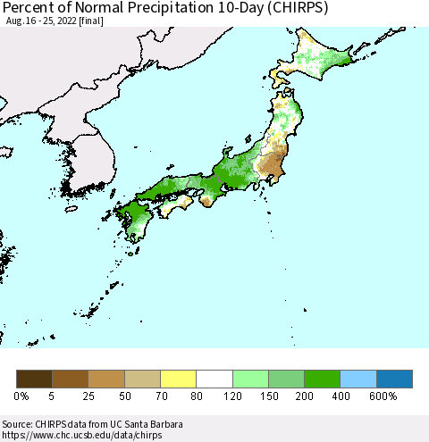 Japan Percent of Normal Precipitation 10-Day (CHIRPS) Thematic Map For 8/16/2022 - 8/25/2022