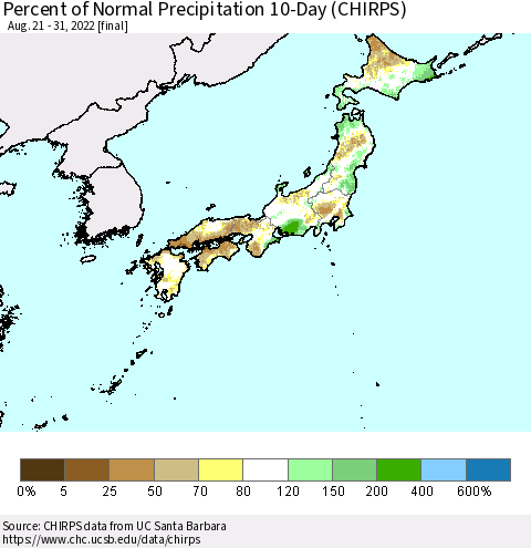 Japan Percent of Normal Precipitation 10-Day (CHIRPS) Thematic Map For 8/21/2022 - 8/31/2022
