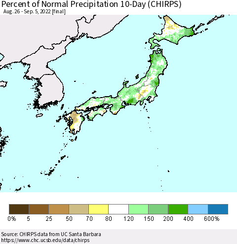 Japan Percent of Normal Precipitation 10-Day (CHIRPS) Thematic Map For 8/26/2022 - 9/5/2022