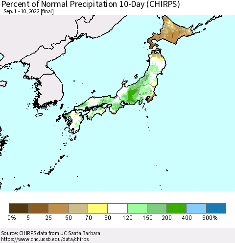 Japan Percent of Normal Precipitation 10-Day (CHIRPS) Thematic Map For 9/1/2022 - 9/10/2022