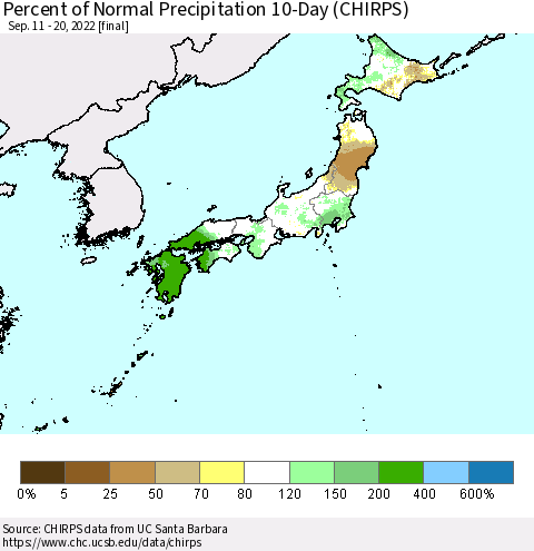 Japan Percent of Normal Precipitation 10-Day (CHIRPS) Thematic Map For 9/11/2022 - 9/20/2022