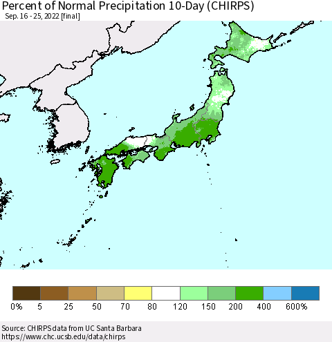 Japan Percent of Normal Precipitation 10-Day (CHIRPS) Thematic Map For 9/16/2022 - 9/25/2022