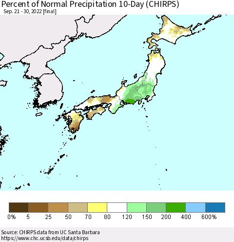 Japan Percent of Normal Precipitation 10-Day (CHIRPS) Thematic Map For 9/21/2022 - 9/30/2022