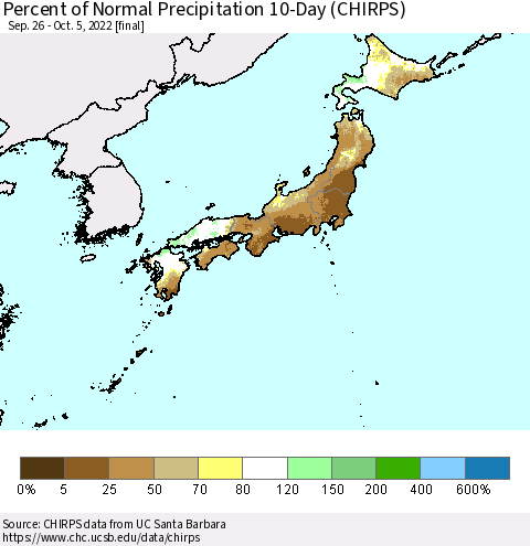 Japan Percent of Normal Precipitation 10-Day (CHIRPS) Thematic Map For 9/26/2022 - 10/5/2022