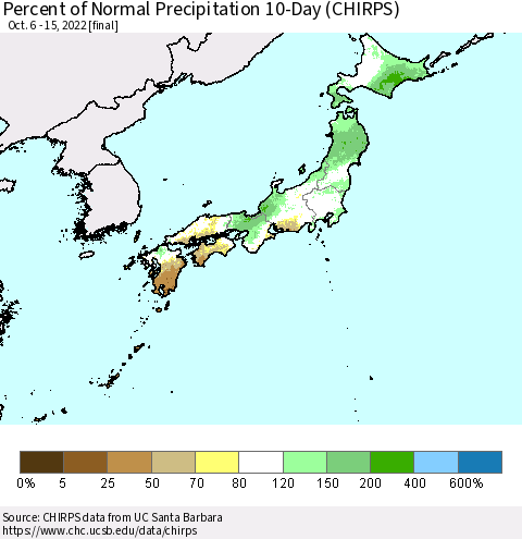 Japan Percent of Normal Precipitation 10-Day (CHIRPS) Thematic Map For 10/6/2022 - 10/15/2022