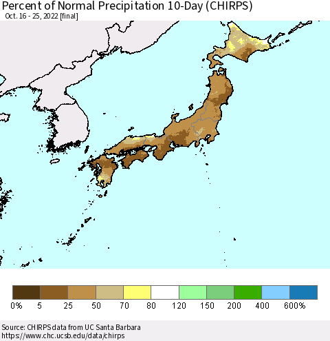 Japan Percent of Normal Precipitation 10-Day (CHIRPS) Thematic Map For 10/16/2022 - 10/25/2022