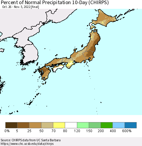 Japan Percent of Normal Precipitation 10-Day (CHIRPS) Thematic Map For 10/26/2022 - 11/5/2022