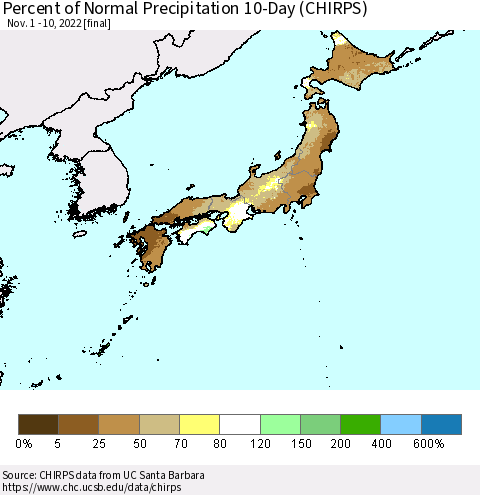 Japan Percent of Normal Precipitation 10-Day (CHIRPS) Thematic Map For 11/1/2022 - 11/10/2022