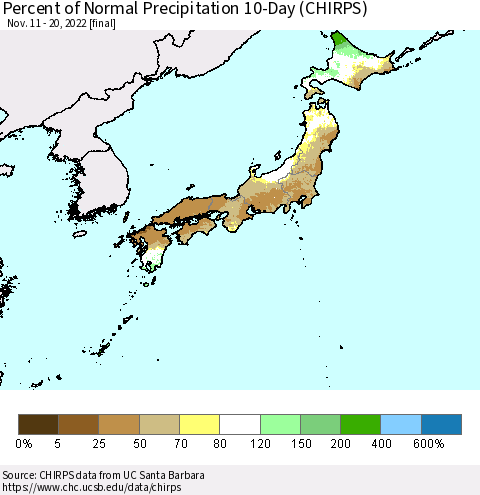 Japan Percent of Normal Precipitation 10-Day (CHIRPS) Thematic Map For 11/11/2022 - 11/20/2022