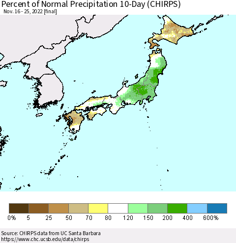 Japan Percent of Normal Precipitation 10-Day (CHIRPS) Thematic Map For 11/16/2022 - 11/25/2022
