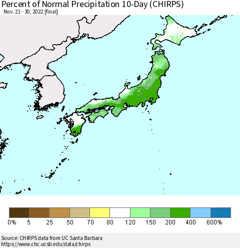 Japan Percent of Normal Precipitation 10-Day (CHIRPS) Thematic Map For 11/21/2022 - 11/30/2022