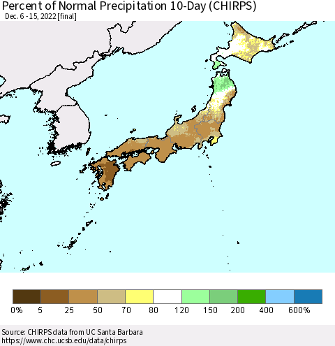 Japan Percent of Normal Precipitation 10-Day (CHIRPS) Thematic Map For 12/6/2022 - 12/15/2022