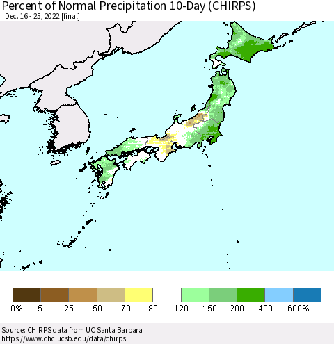 Japan Percent of Normal Precipitation 10-Day (CHIRPS) Thematic Map For 12/16/2022 - 12/25/2022