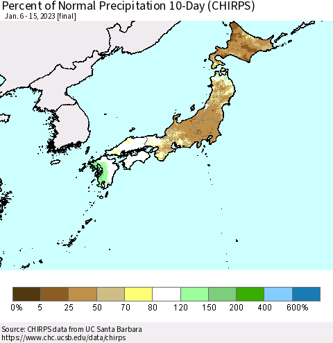 Japan Percent of Normal Precipitation 10-Day (CHIRPS) Thematic Map For 1/6/2023 - 1/15/2023