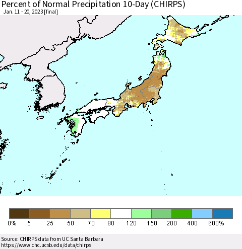 Japan Percent of Normal Precipitation 10-Day (CHIRPS) Thematic Map For 1/11/2023 - 1/20/2023