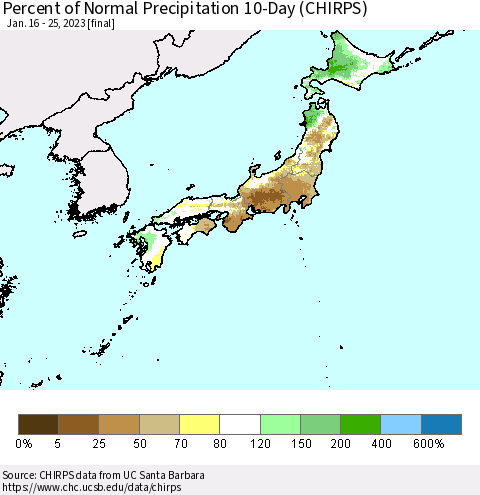 Japan Percent of Normal Precipitation 10-Day (CHIRPS) Thematic Map For 1/16/2023 - 1/25/2023