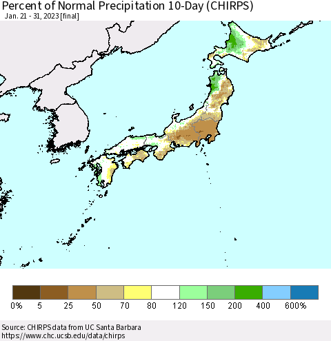 Japan Percent of Normal Precipitation 10-Day (CHIRPS) Thematic Map For 1/21/2023 - 1/31/2023