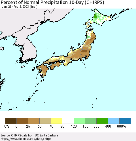 Japan Percent of Normal Precipitation 10-Day (CHIRPS) Thematic Map For 1/26/2023 - 2/5/2023