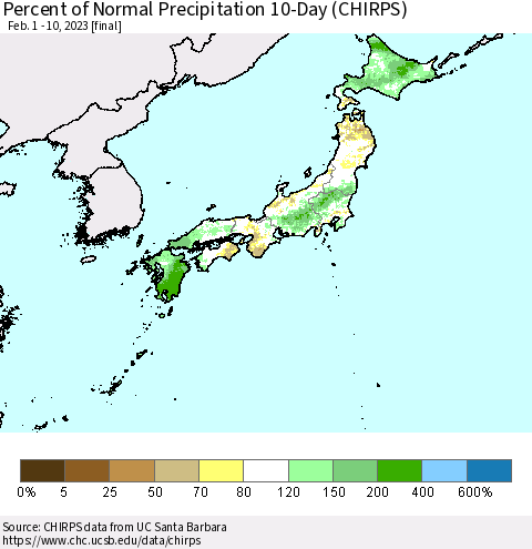 Japan Percent of Normal Precipitation 10-Day (CHIRPS) Thematic Map For 2/1/2023 - 2/10/2023