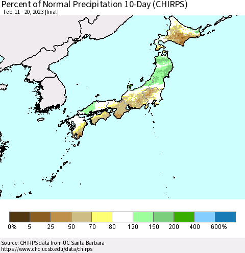 Japan Percent of Normal Precipitation 10-Day (CHIRPS) Thematic Map For 2/11/2023 - 2/20/2023