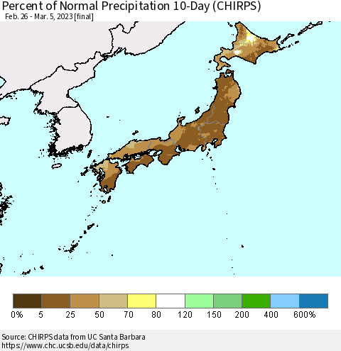 Japan Percent of Normal Precipitation 10-Day (CHIRPS) Thematic Map For 2/26/2023 - 3/5/2023