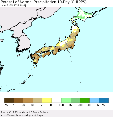 Japan Percent of Normal Precipitation 10-Day (CHIRPS) Thematic Map For 3/6/2023 - 3/15/2023