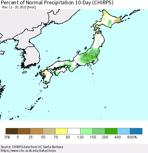 Japan Percent of Normal Precipitation 10-Day (CHIRPS) Thematic Map For 3/11/2023 - 3/20/2023