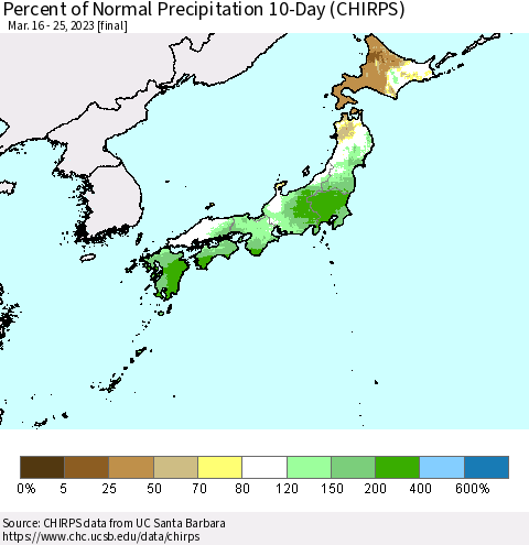 Japan Percent of Normal Precipitation 10-Day (CHIRPS) Thematic Map For 3/16/2023 - 3/25/2023