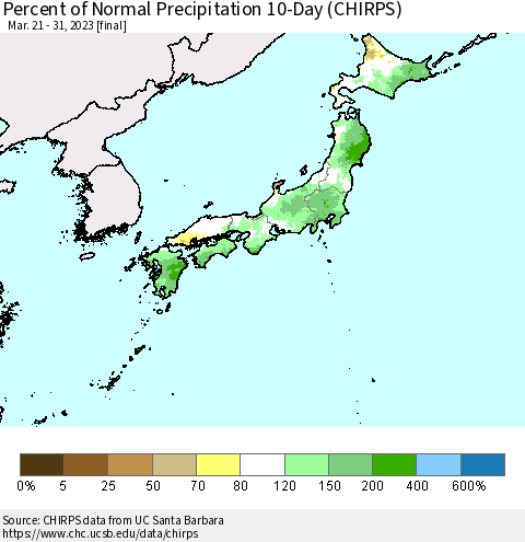 Japan Percent of Normal Precipitation 10-Day (CHIRPS) Thematic Map For 3/21/2023 - 3/31/2023