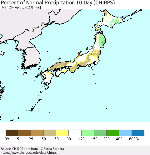 Japan Percent of Normal Precipitation 10-Day (CHIRPS) Thematic Map For 3/26/2023 - 4/5/2023