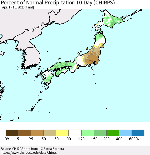 Japan Percent of Normal Precipitation 10-Day (CHIRPS) Thematic Map For 4/1/2023 - 4/10/2023