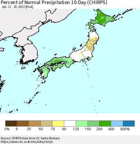 Japan Percent of Normal Precipitation 10-Day (CHIRPS) Thematic Map For 4/11/2023 - 4/20/2023